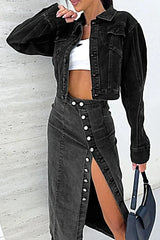 Button Fly Side Split Denim Midi Skirt -