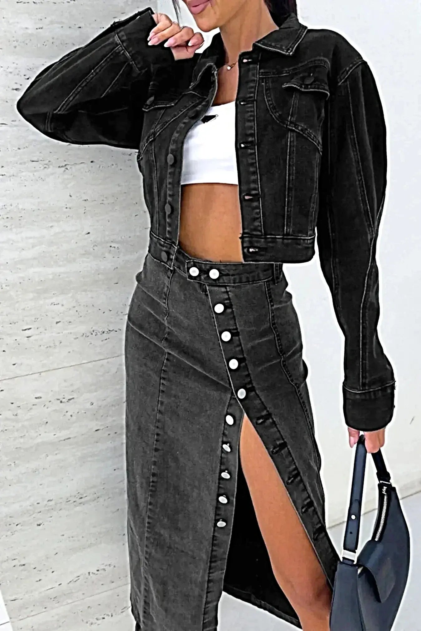 Button Fly Side Split Denim Midi Skirt -