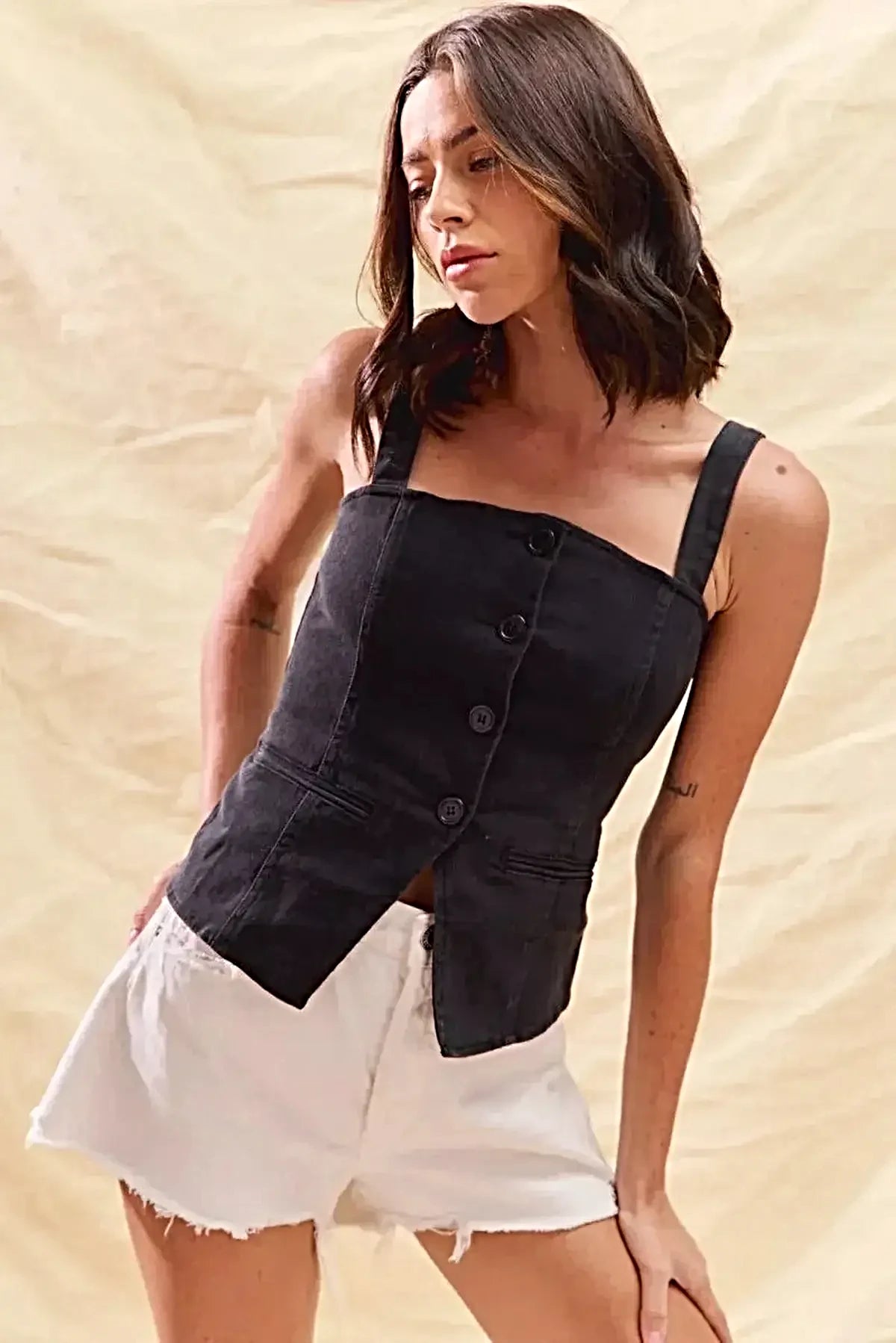 SO ME Button Down Sleeveless Game Day Fitted Denim Top -