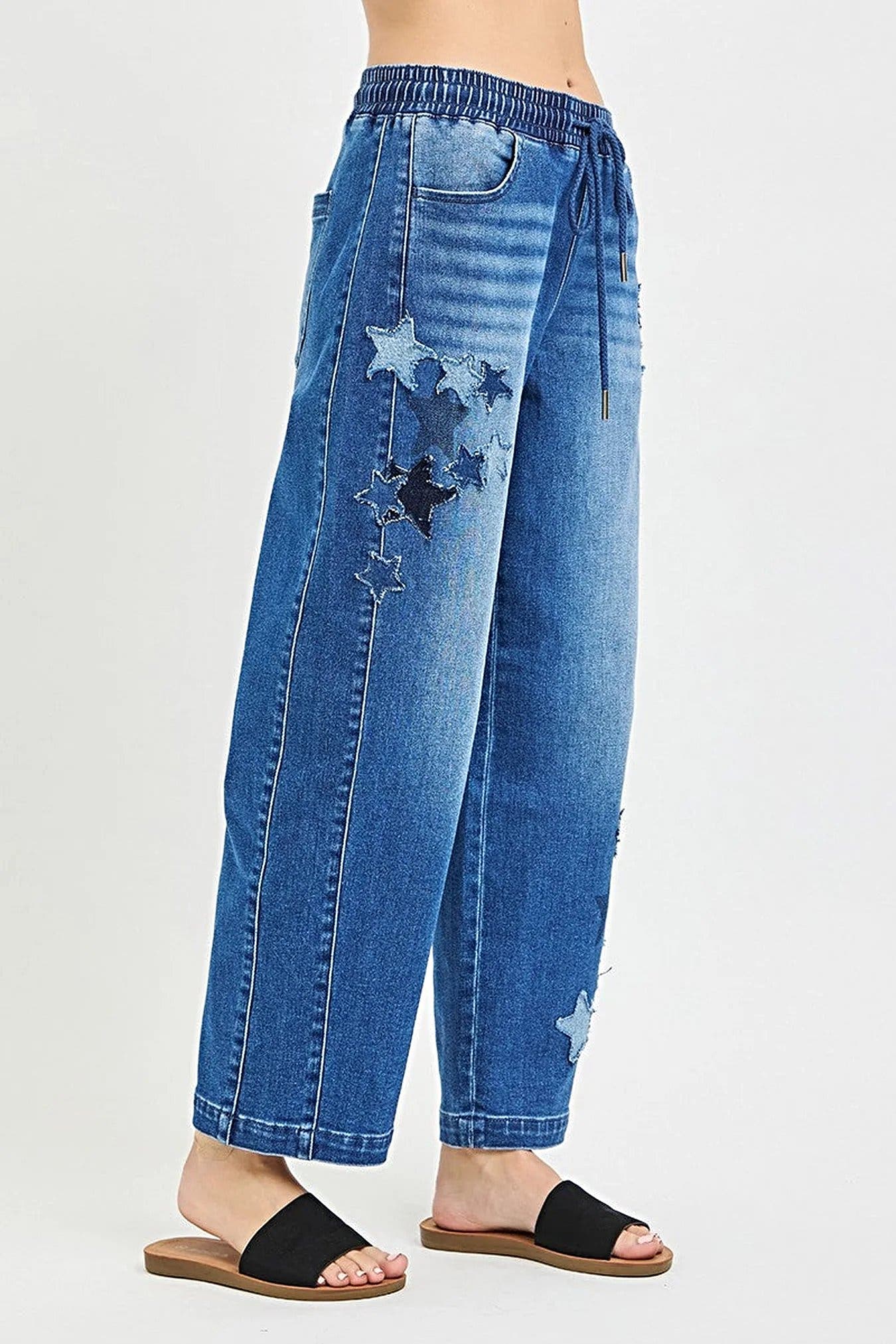 RISEN Elastic Band Slouchy Cropped Barrel with Star Patch -
