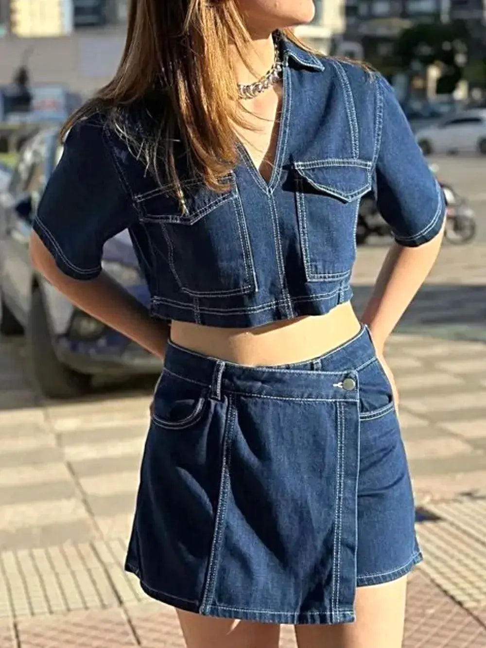 Johnny Collar Short Sleeve Top and Skort Denim Set -
