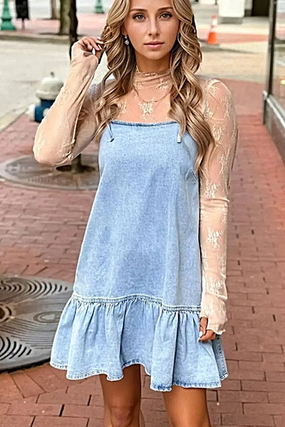 Bow Detail Spaghetti Straps Ruffle Hem Denim Dress -