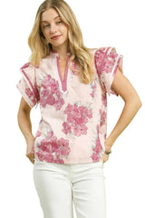 Umgee Mix Floral Ruffle Sleeve Blouse -