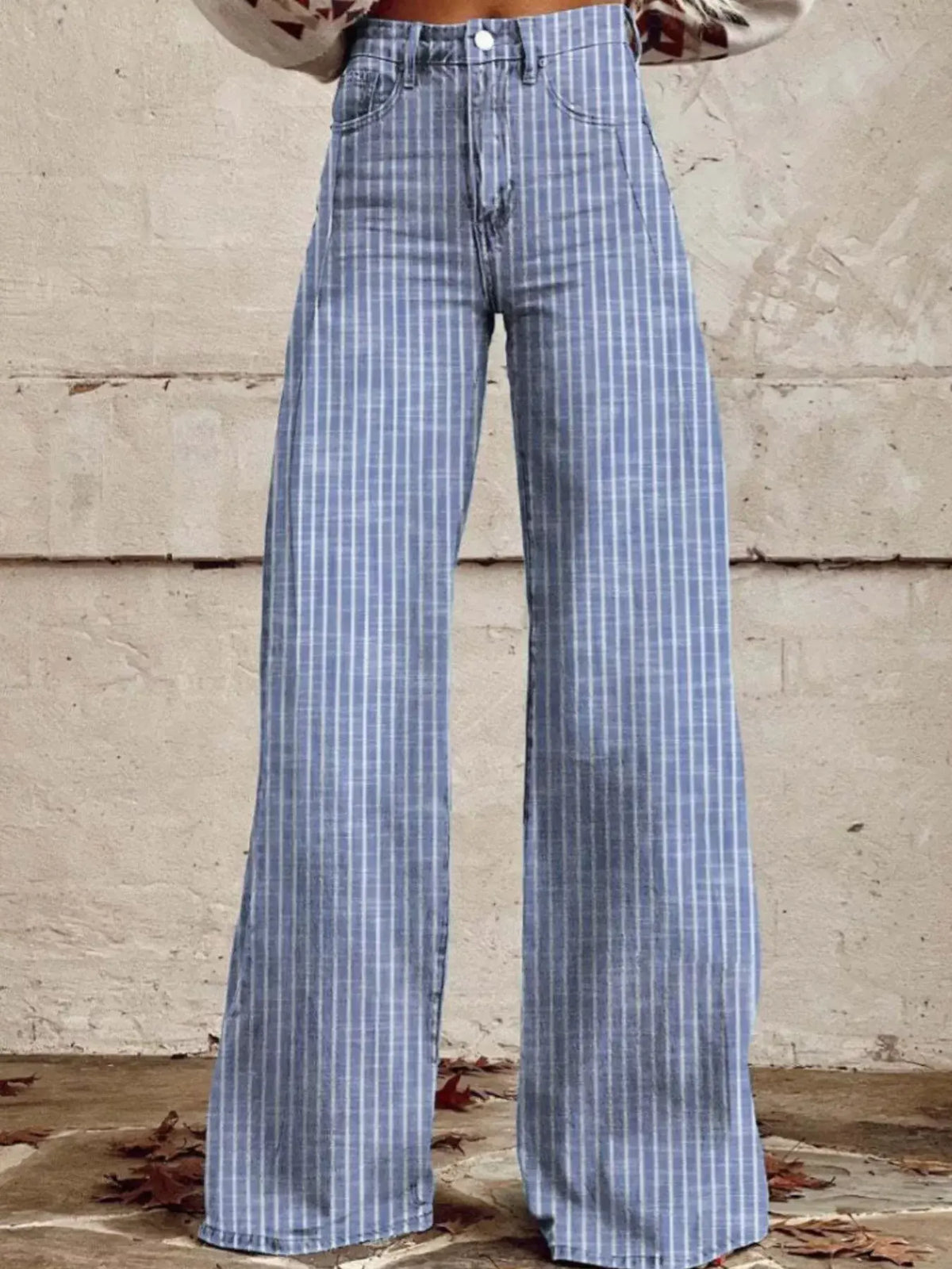 Striped High-Waisted Wide Leg Jeans -