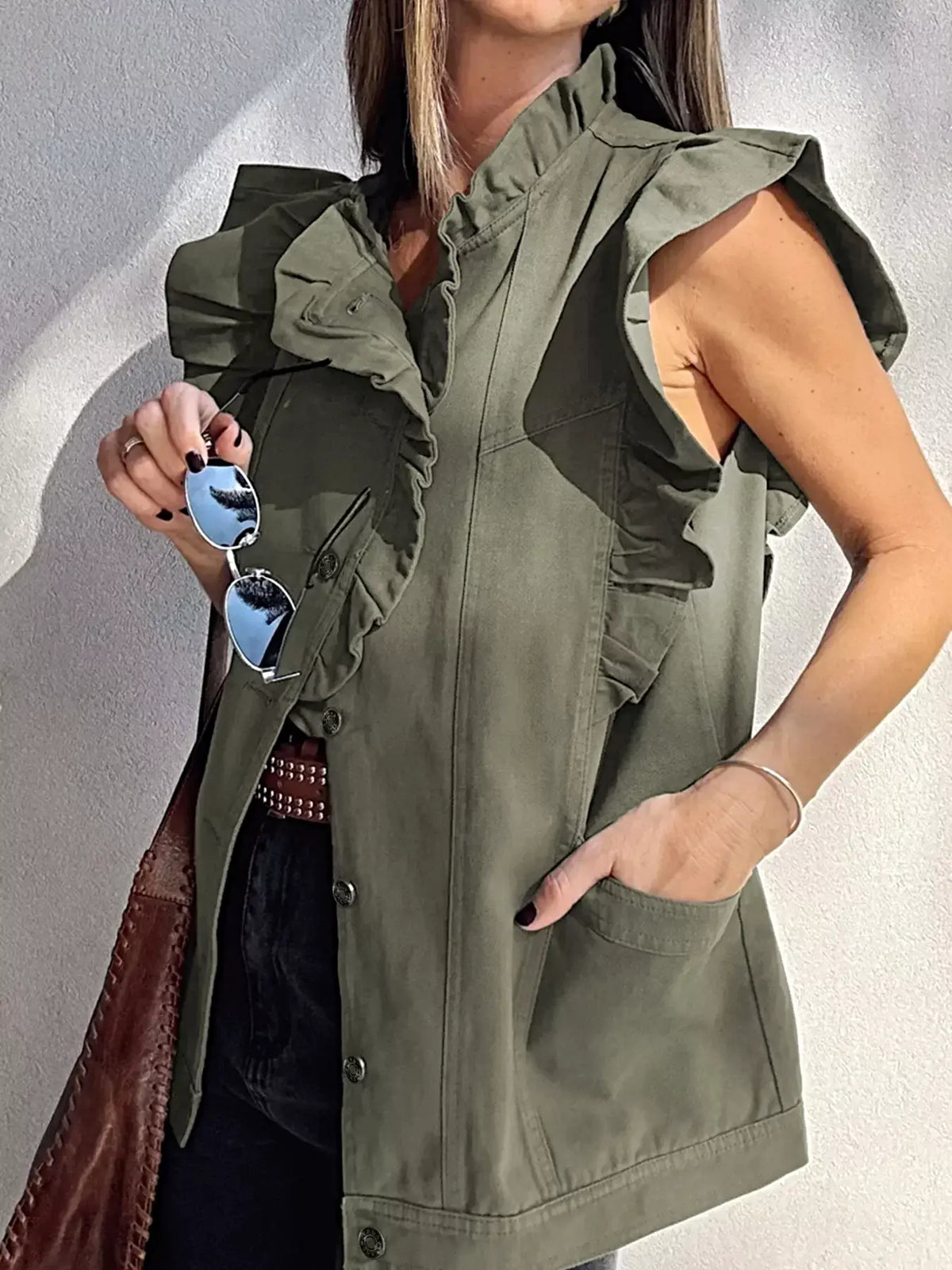 Ruffled Patchwork Denim Jacket Vest -