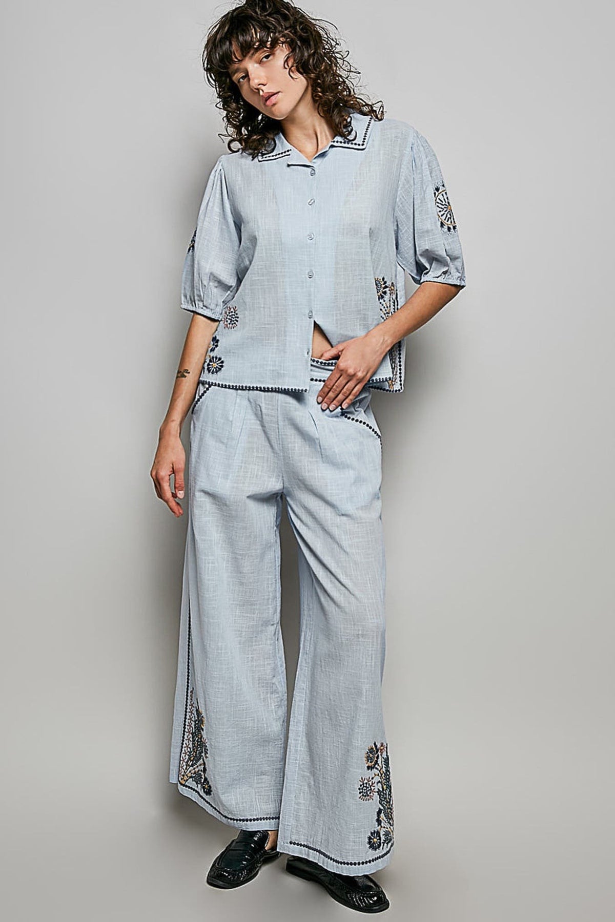 POL Button Down Embroidered Floral Short Sleeve Shirt -