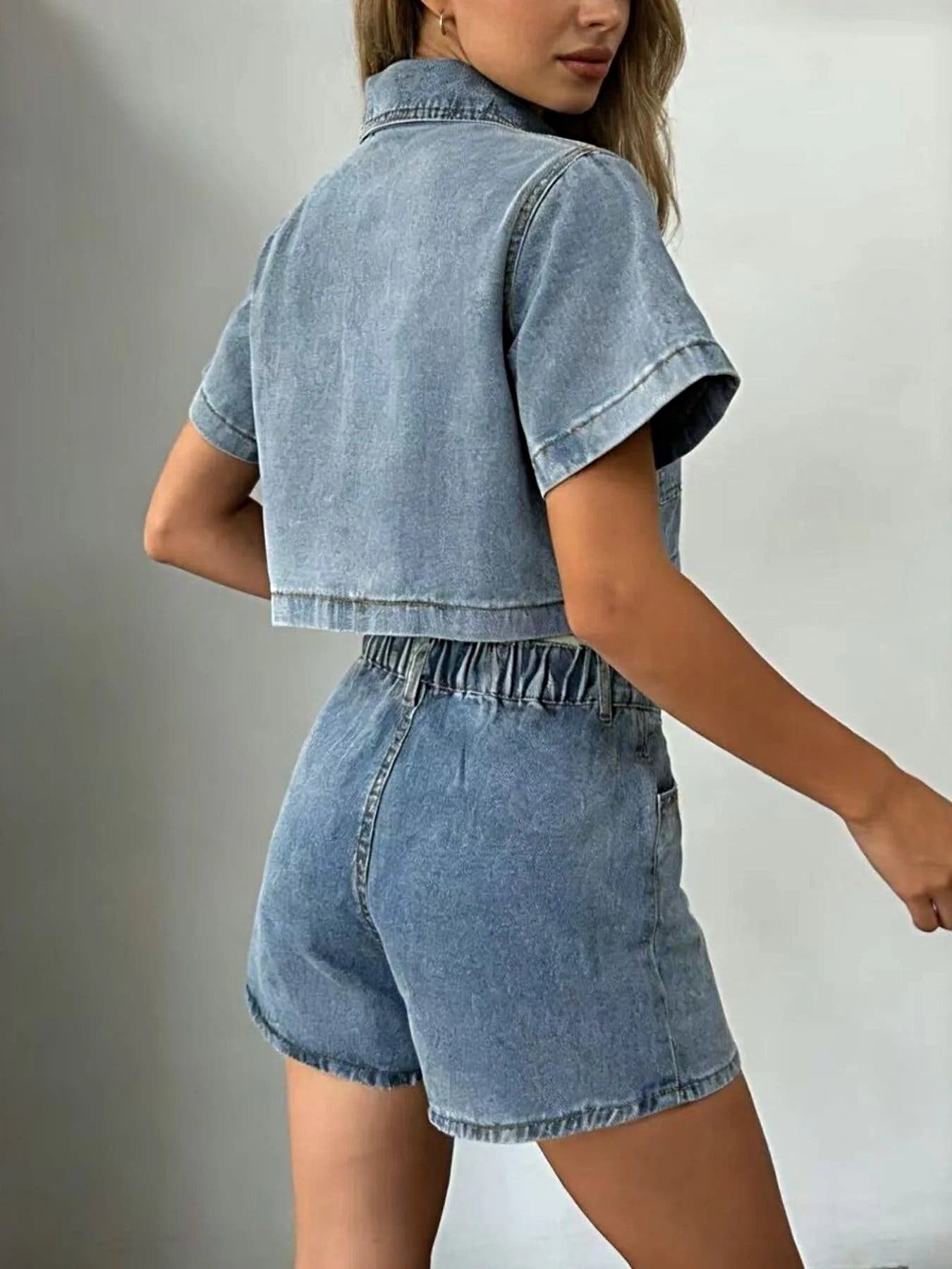 Short Sleeve Cropped Top and Skort Denim Set -