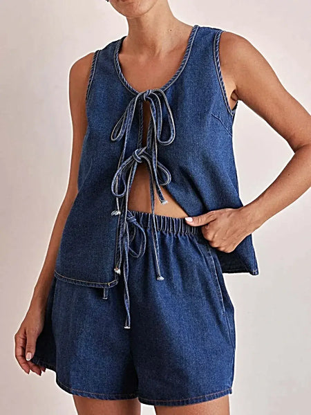 Tie Front Vest and Shorts Denim Set -