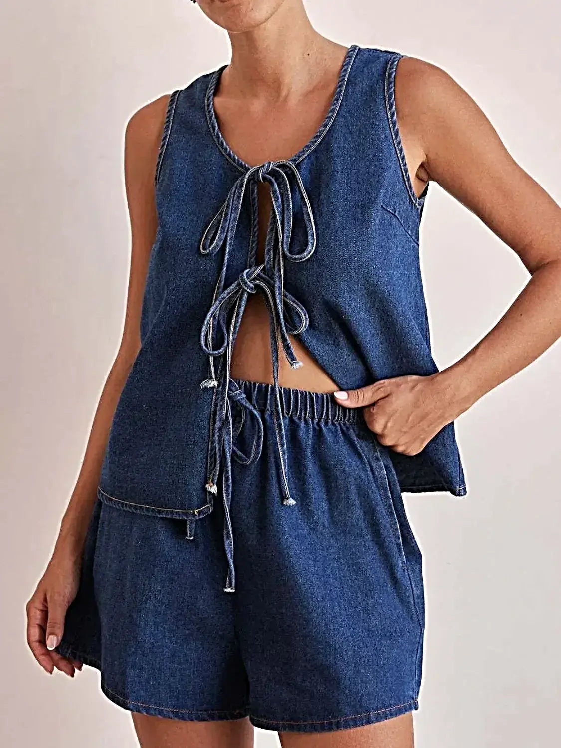 Tie Front Vest and Shorts Denim Set -