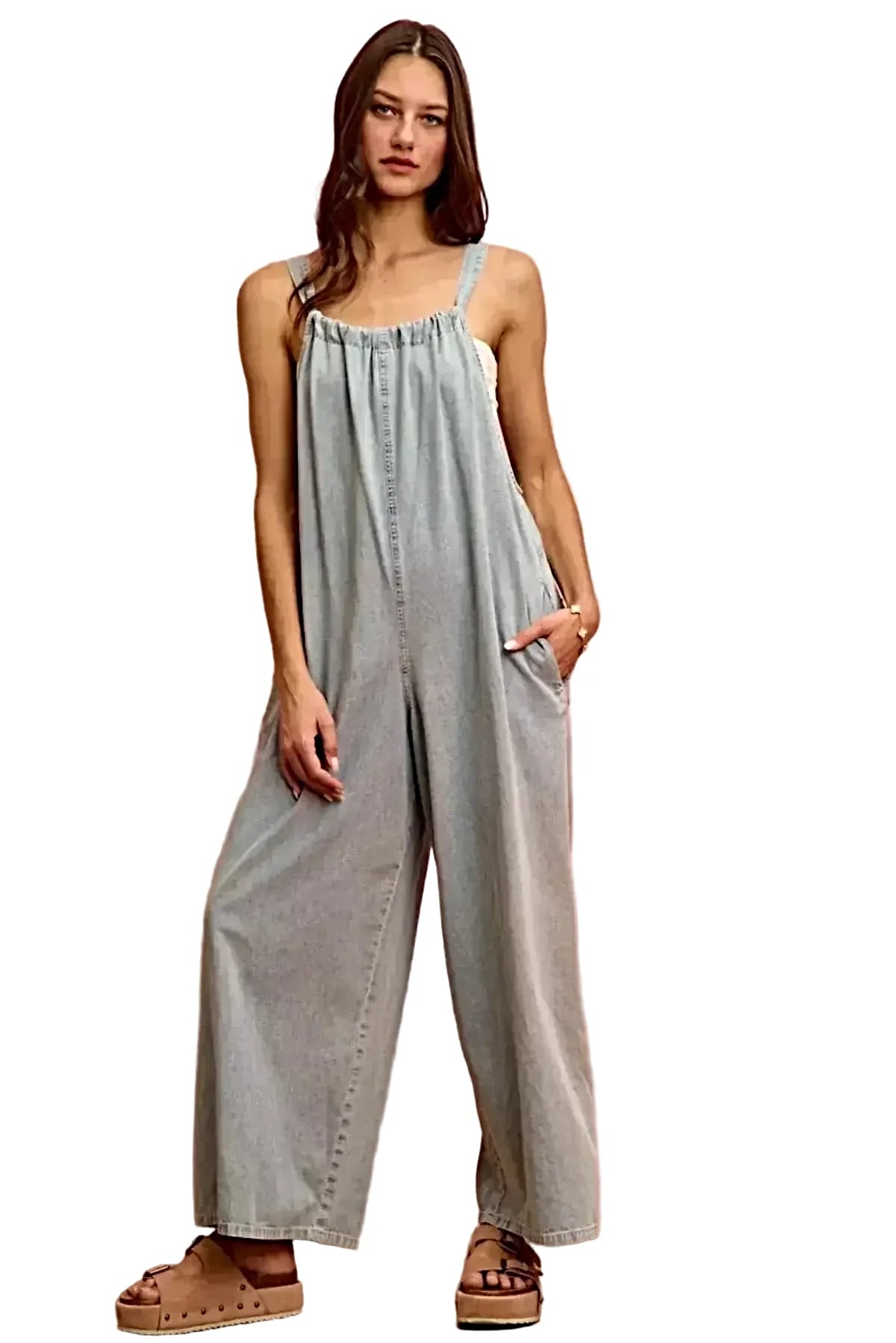 SO ME Wide Leg Lightweight Denim Overalls -
