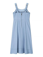 Denim Dress With Sweetheart Neckline, Buttoned & Pocketed - 100% Polyester, No Stretch -