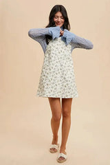 Annie Wear Stretch Ditsy Print Denim Overall Mini Dress -