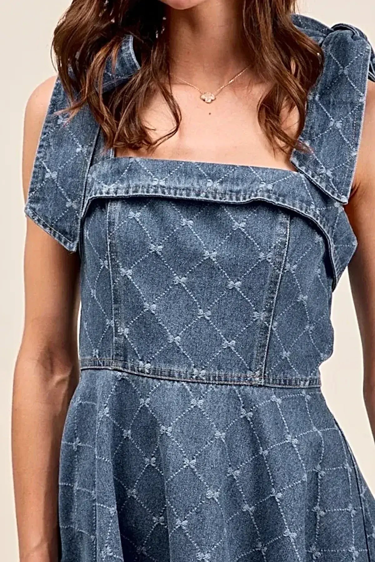 Elegant A-Line Fit and Flare Denim Dress with Diamond Bow Ribbon Detail -