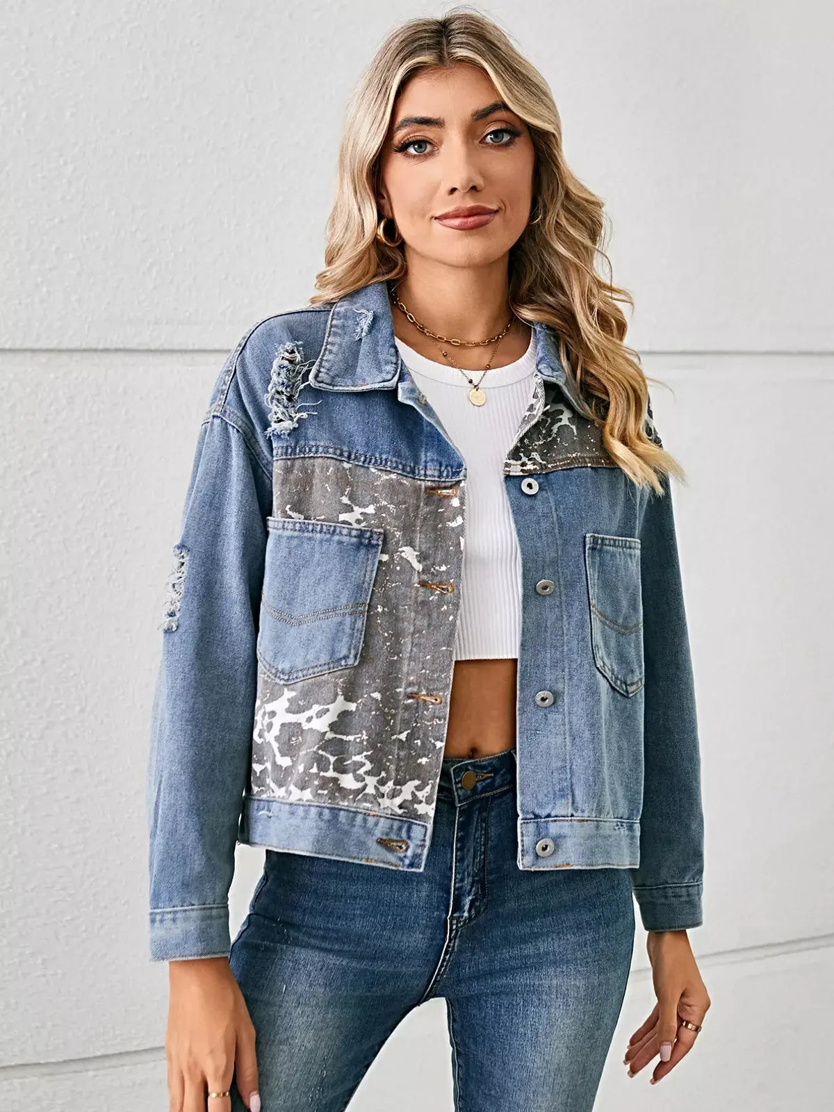 Snake Print Button Up Denim Jacket -