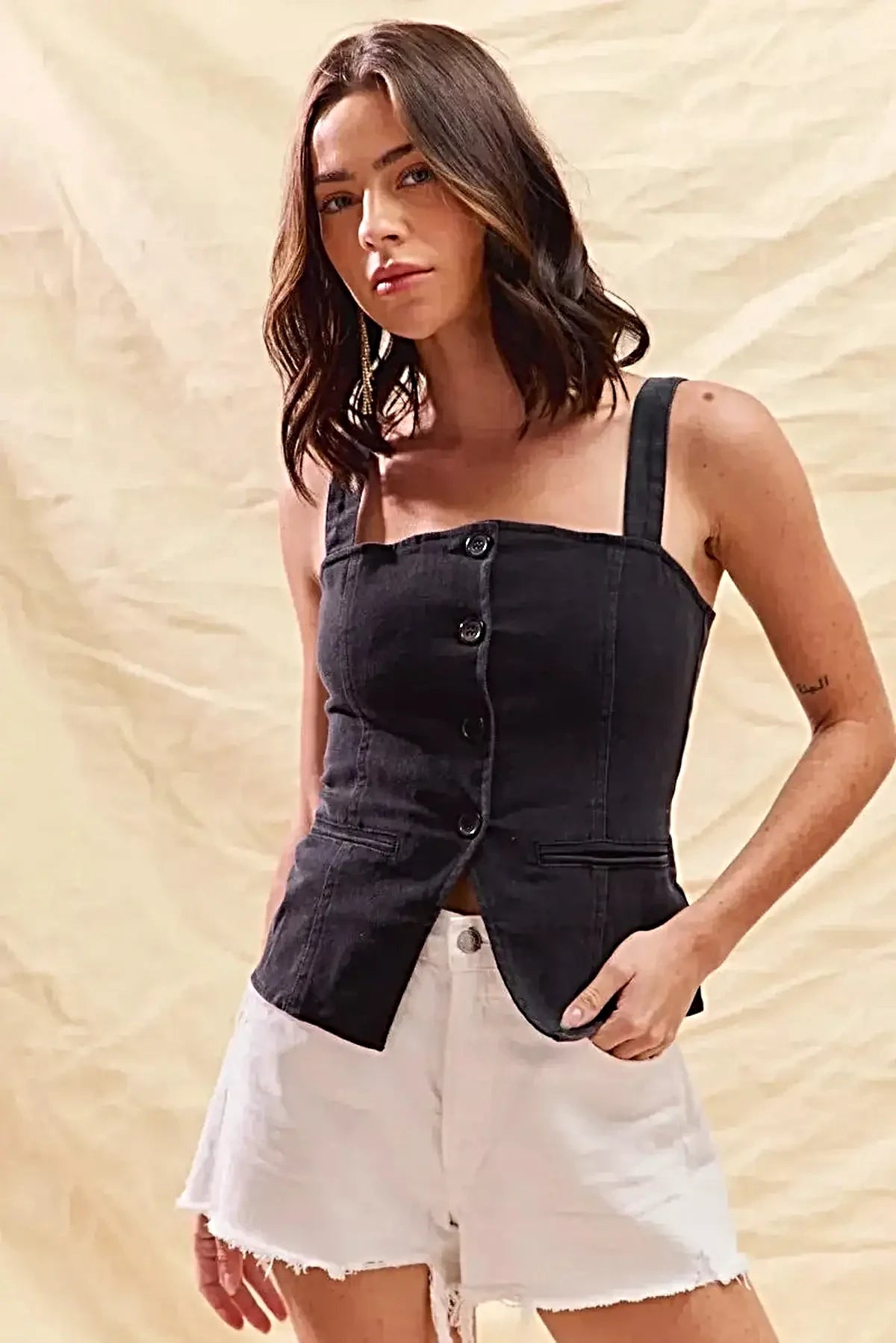 SO ME Button Down Sleeveless Game Day Fitted Denim Top -