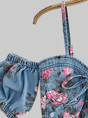 Floral Print Sweetheart Neck Cami and Skirt Denim Set -