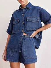 Button Up Short Sleeve Top and Shorts Denim Set -