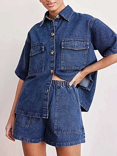 Button Up Short Sleeve Top and Shorts Denim Set -