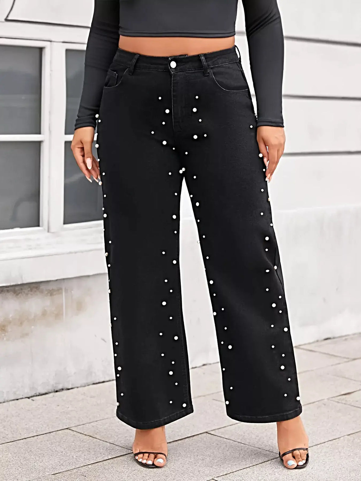 Plus Size Pearl Embellished Wide Leg Jeans -