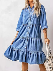 Full Size Ruffled Hem Button Up Denim Midi Dress Plus Size -