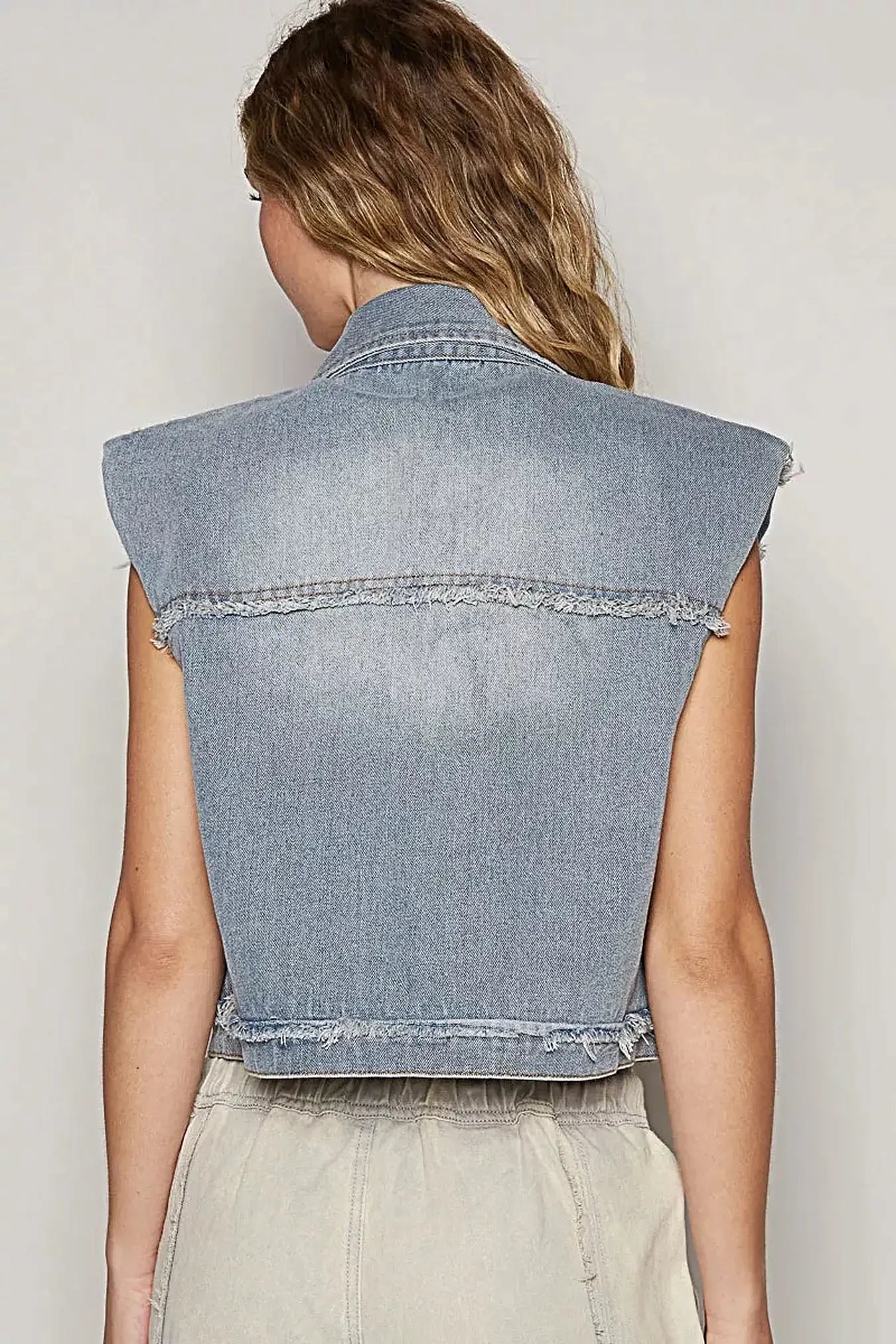 POL Assymetrical Front Closure Raw Hem Denim Vest -