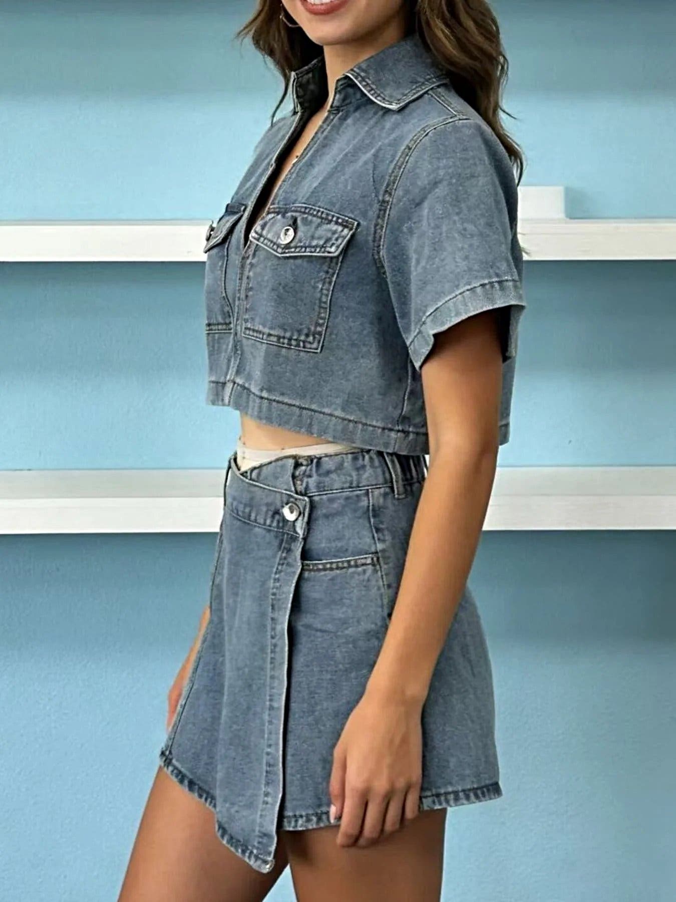 Short Sleeve Cropped Top and Skort Denim Set -