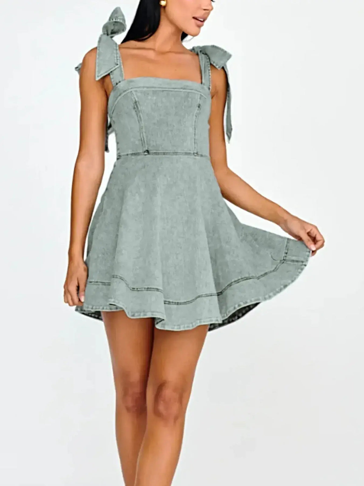 Bow-Shoulder Square Neck Denim Mini Dress -