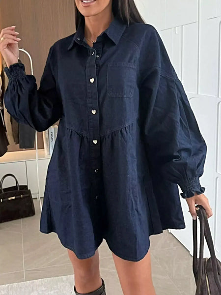 Button Down Mini Denim Dress with Front Pockets -