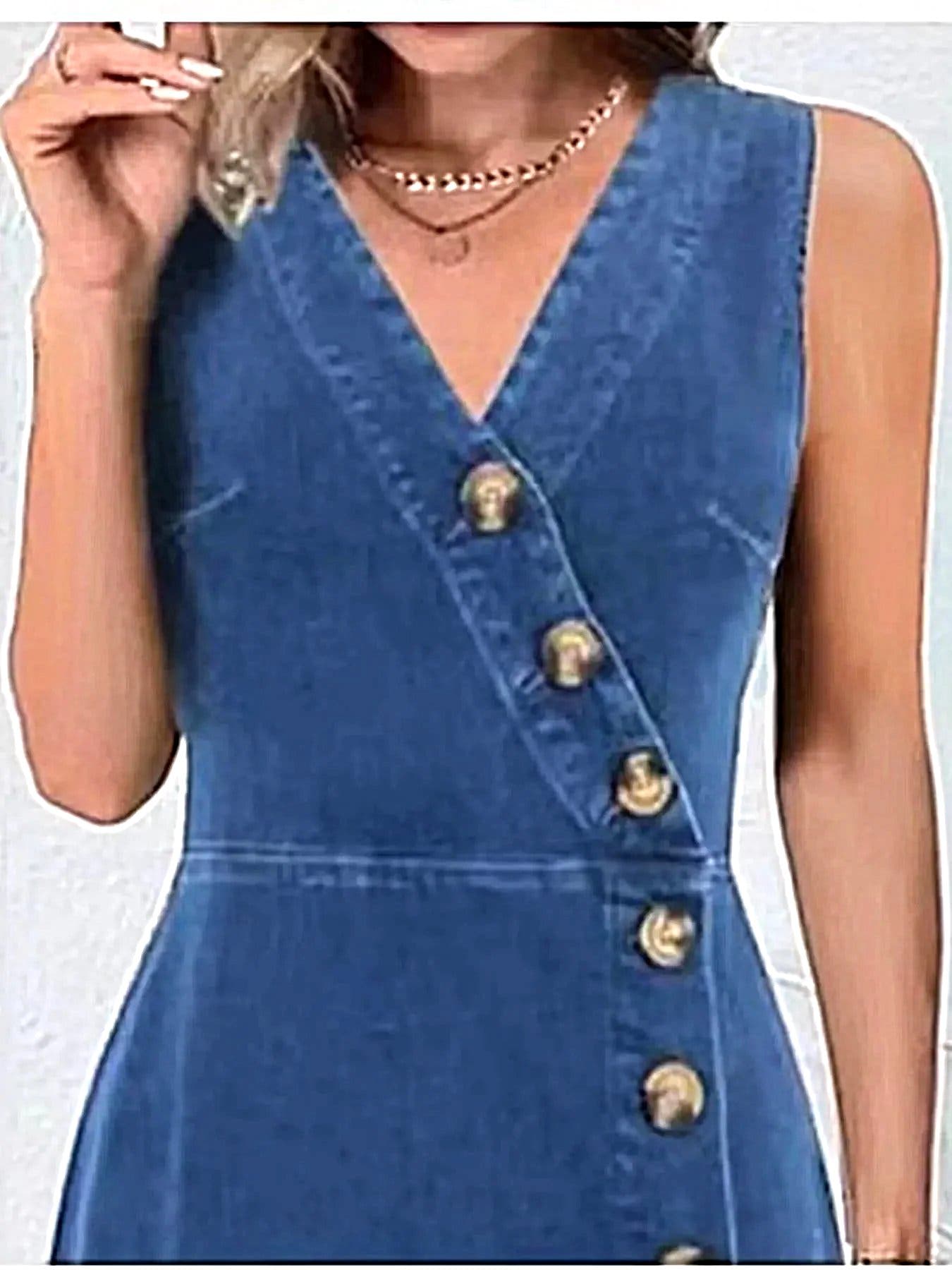 Chic Button-Front Sleeveless Denim Dress with Classic Cotton Blend, Sizes S-2XL -