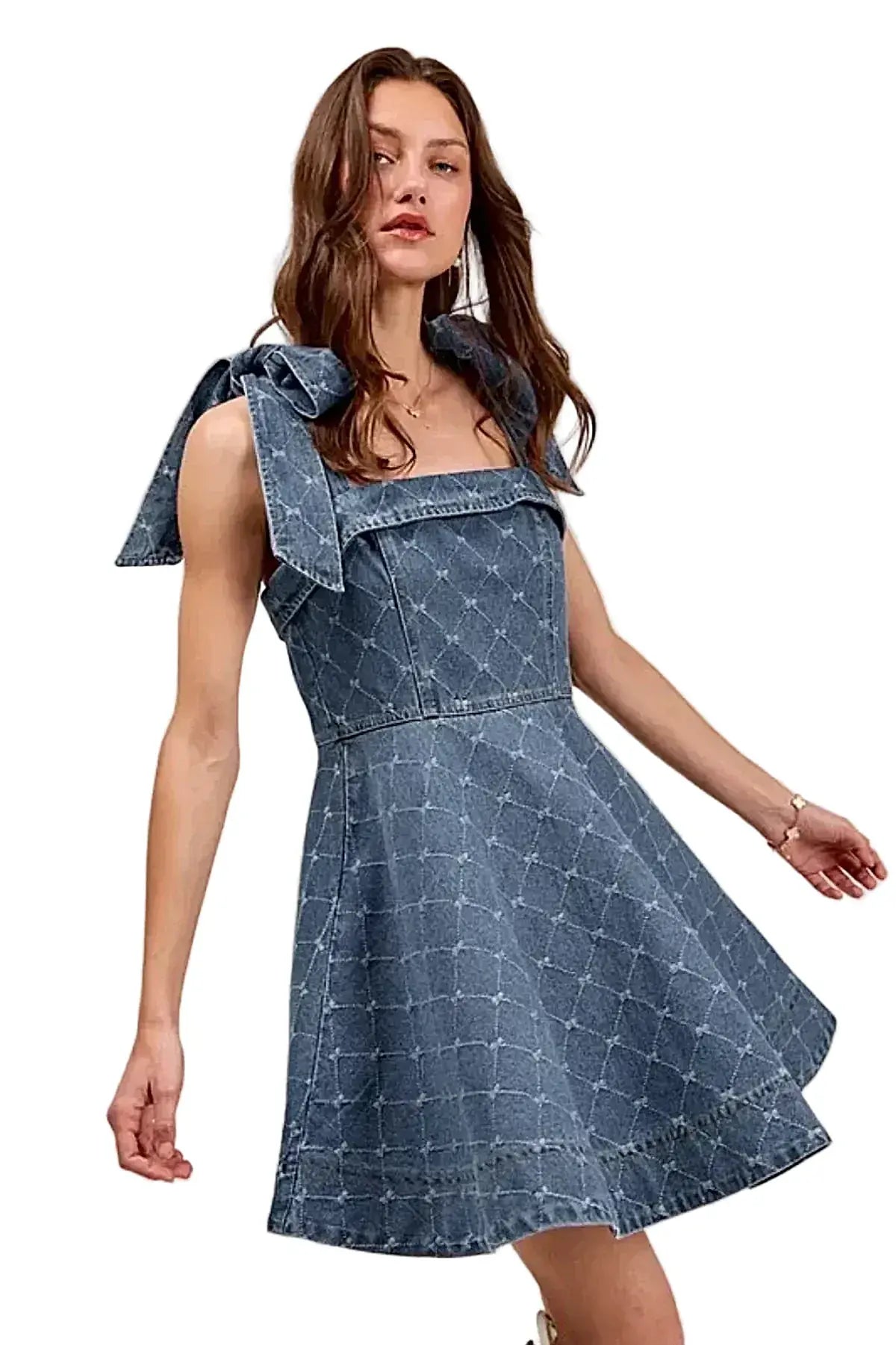 Elegant A-Line Fit and Flare Denim Dress with Diamond Bow Ribbon Detail -