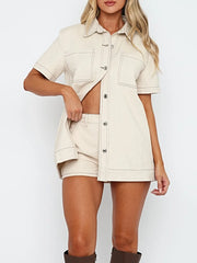 Button Up Short Sleeve Top and Shorts Denim Set -