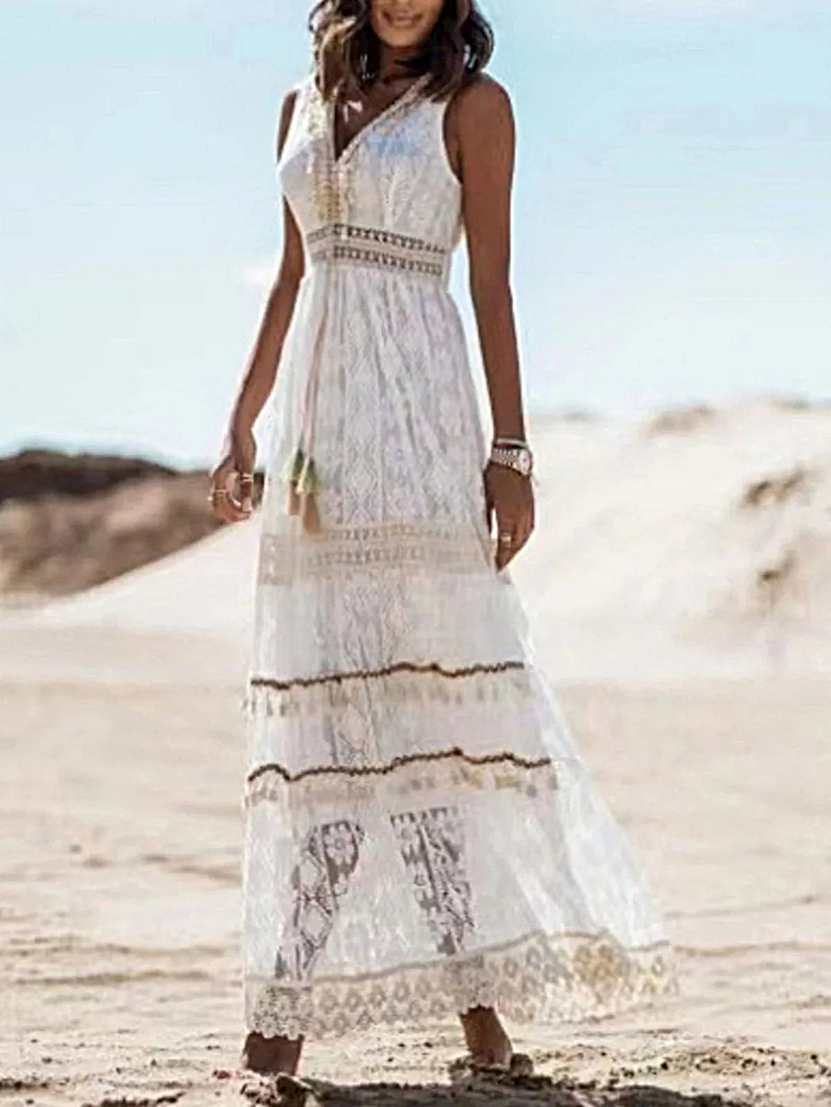 Lace V-Neck Sleeveless Maxi Dress -