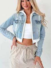 Distressed Zip Up Cropped Hooded Denim Jacket -