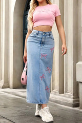 Bow-Embroidered Denim Maxi Skirt -