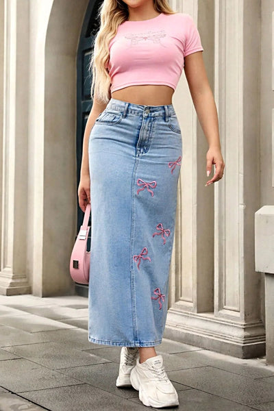 Bow-Embroidered Denim Maxi Skirt -