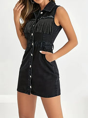 Fringe Detail Button-Front Mini Dress -
