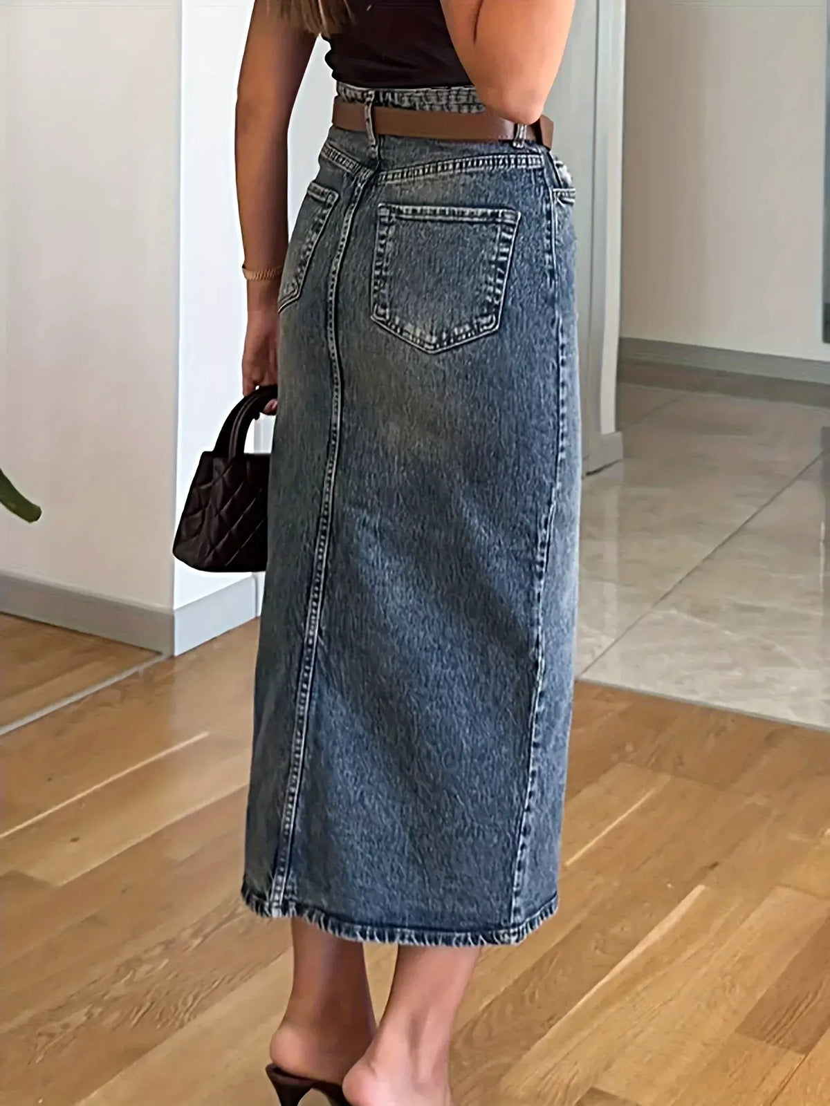 Slit Front Denim Skirt -