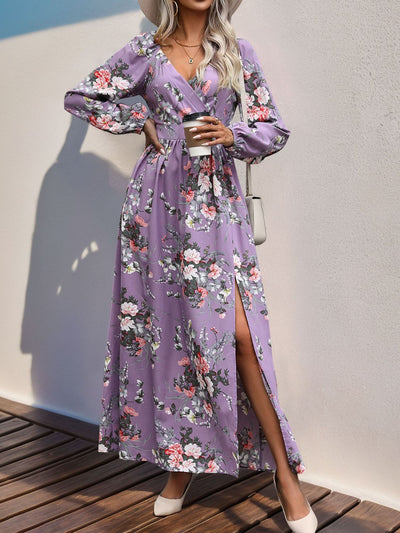 Perfee Slit Printed Surplice Long Sleeve Maxi Dress