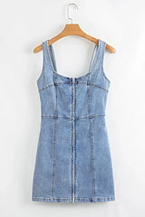 Elegant Square Neck Wide Strap Denim Dress for Women - Classic Style with Zipper Closure -