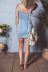 Elegant Square Neck Wide Strap Denim Dress for Women - Classic Style with Zipper Closure -