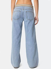 Plaid Trim Wide Leg Jeans -