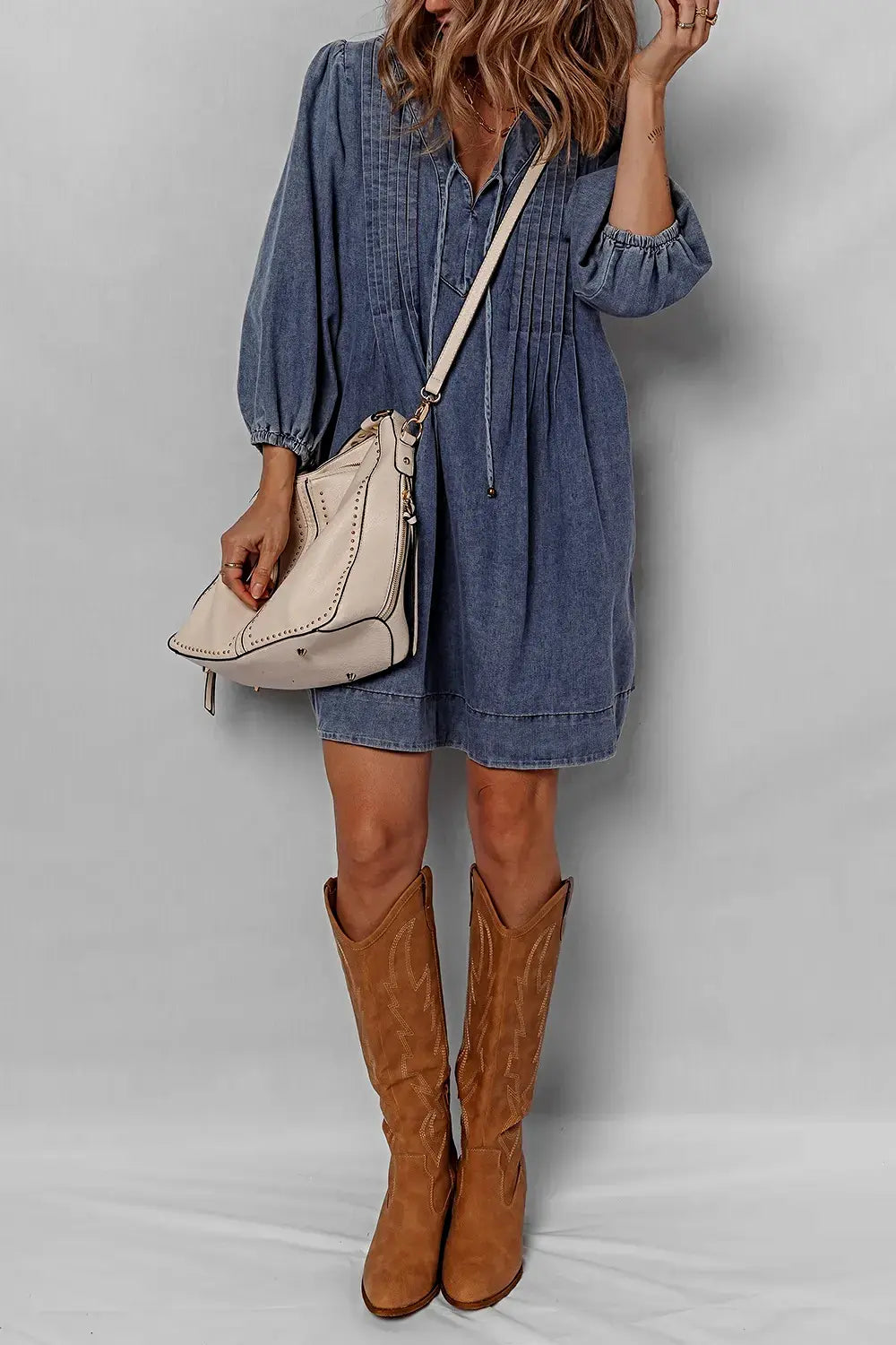 Tie Neck Long Sleeve Mini Denim Dress -