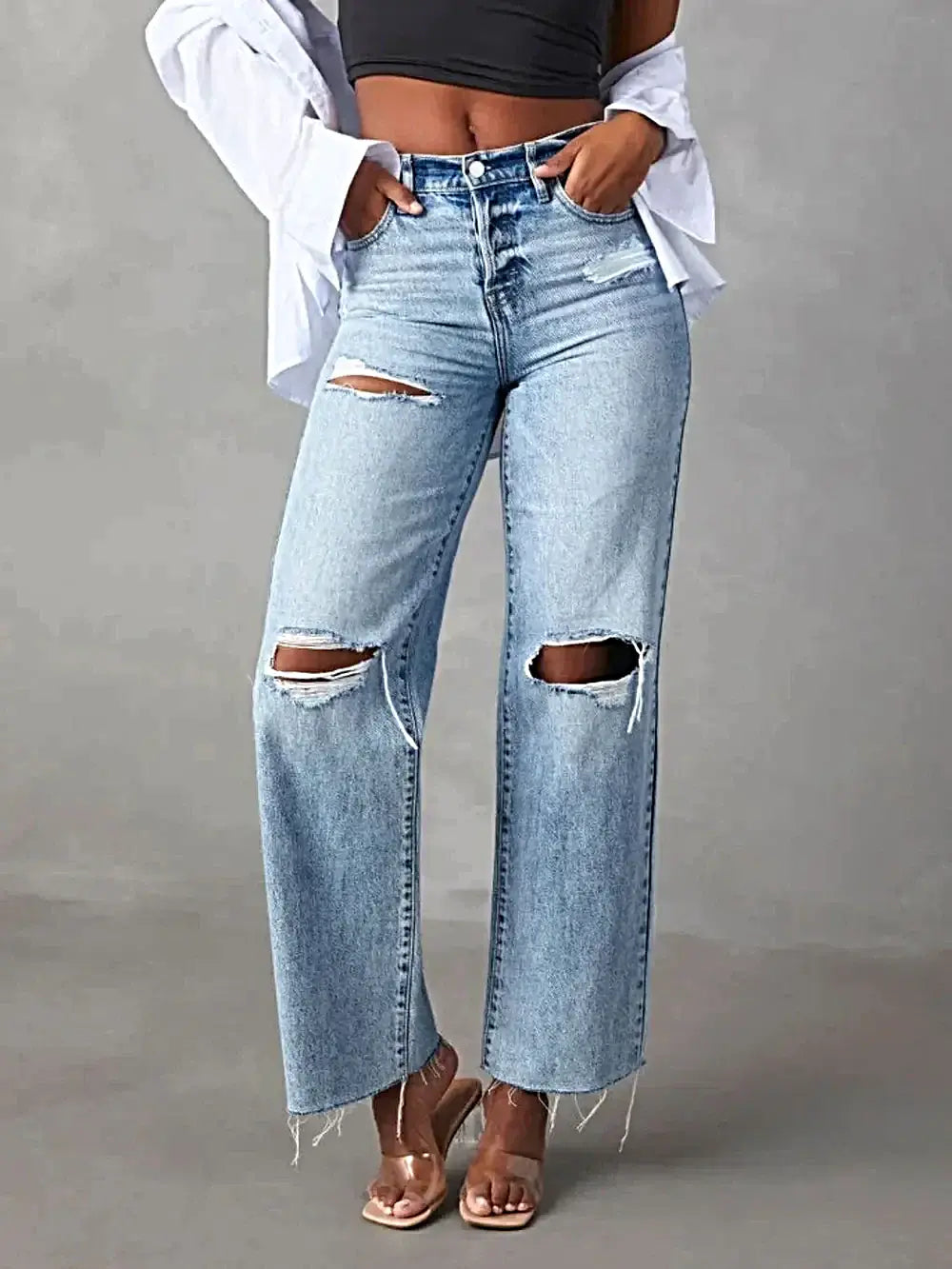 Distressed Straight Leg Jeans with Pockets -