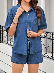 Casual Drop Shoulder Denim Shirt & Shorts Set -