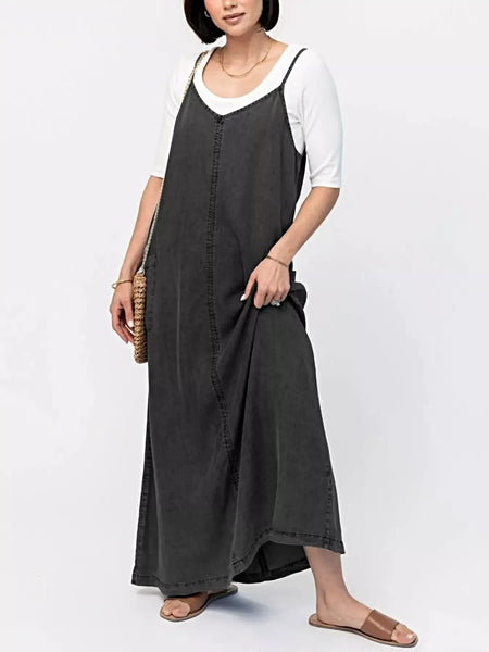 Casual Washed Denim Cami Maxi Dress -