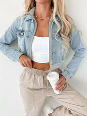 Distressed Zip Up Cropped Hooded Denim Jacket -