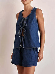 Tie Front Vest and Shorts Denim Set -
