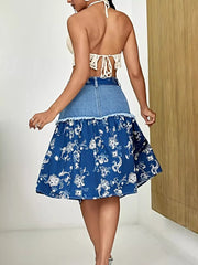 Floral Denim Skirt with Frayed Hem Detail -