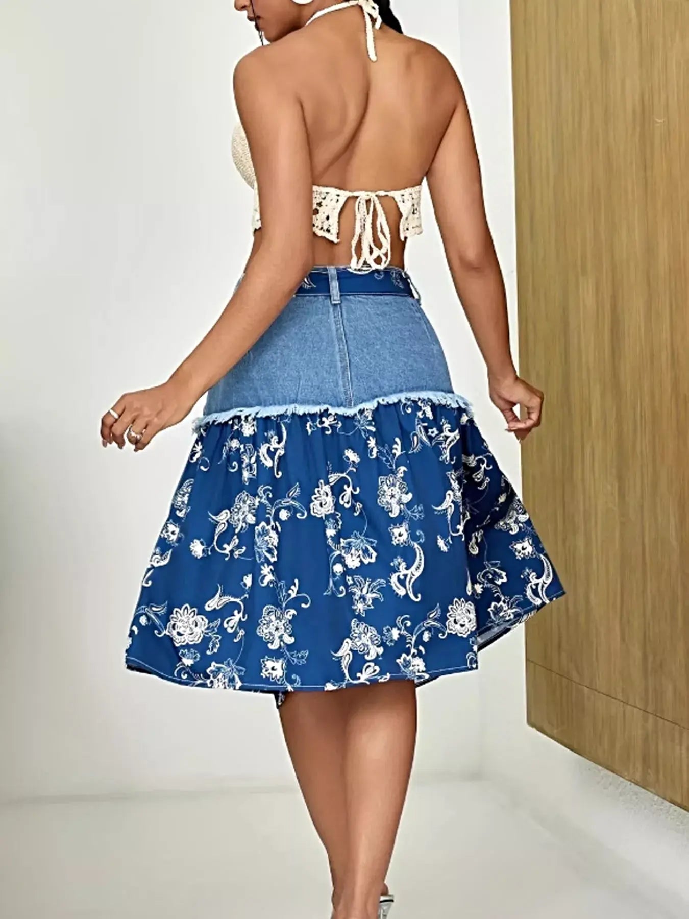 Floral Denim Skirt with Frayed Hem Detail -