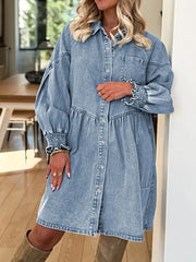Button-Up Denim Shirt Dress with Smocked Cuffs -